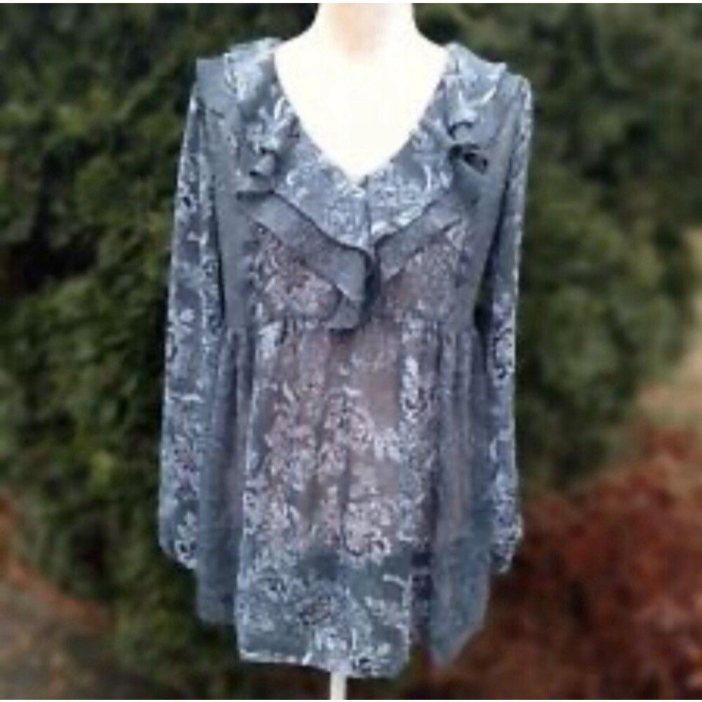 Jessica Simpson Babydoll Maternity Tunic Blouse Sheer Blue Gray Floral Ruffle XL
